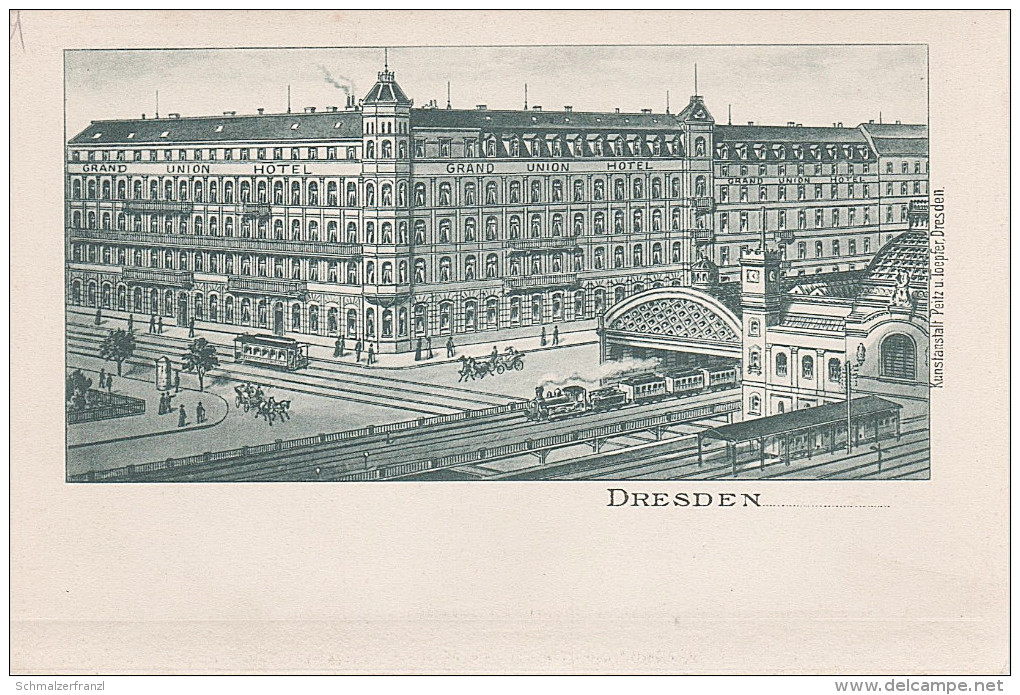 Litho AK Dresden Grand Union Hotel Hauptbahnhof Bahnhof Zug Eisenbahn Bismarckplatz Bismarckstrasse Bayrische Strasse