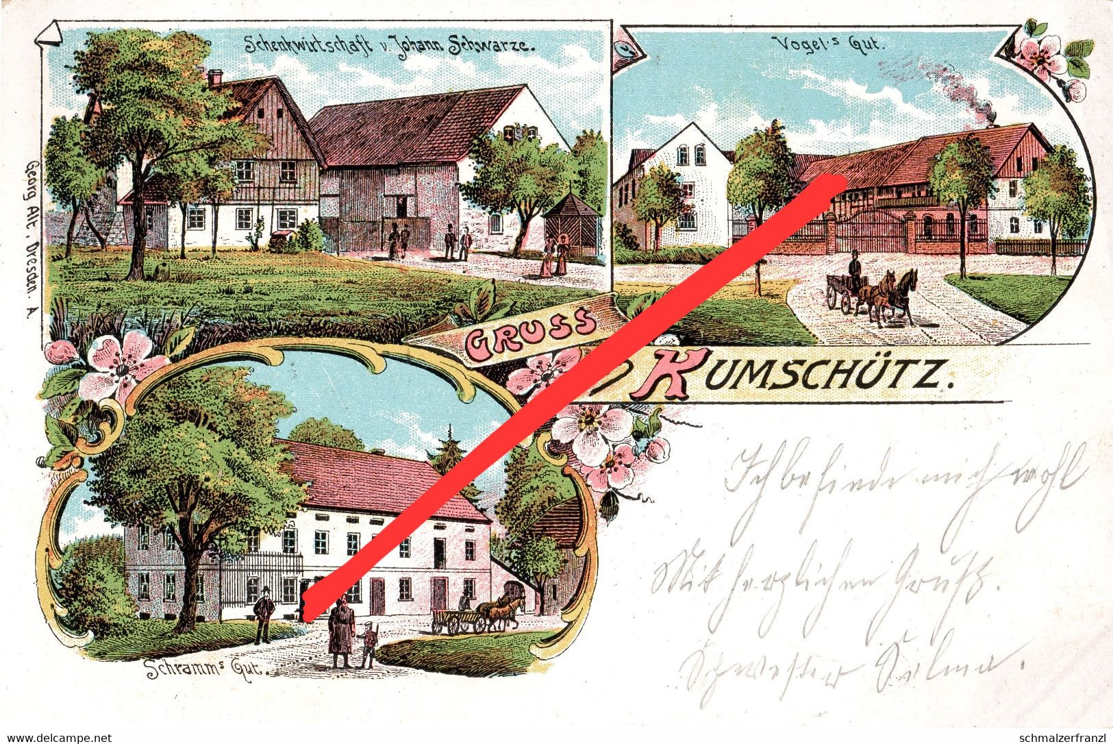 Litho AK Gruß Kumschütz Gasthof Vogel Schramm s Gut a Kubschütz Drehsa Canitz Baschütz Wurschen Hochkirch Löbau Bautzen