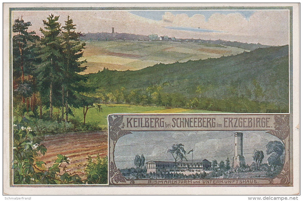 Litho AK Keilberg Bismarckturm Gasthof Unterkunftshaus Schneeberg Erzgebirge Schlema Zschorlau Aue Neustädtel Griesbach