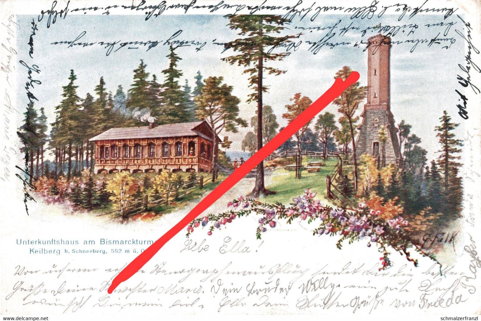 Litho AK Keilberg Bismarckturm Gasthof Unterkunftshaus Schneeberg Erzgebirge Schlema Zschorlau Aue Neustädtel Griesbach