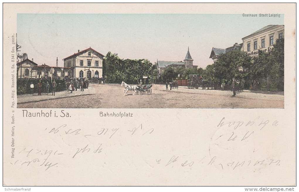 Litho AK Naunhof Bahnhofplatz Bahnhof Gasthof Stadt Leipzig bei Brandis Grimma Wurzen Ammelshain Fuchshain Albrechtshain