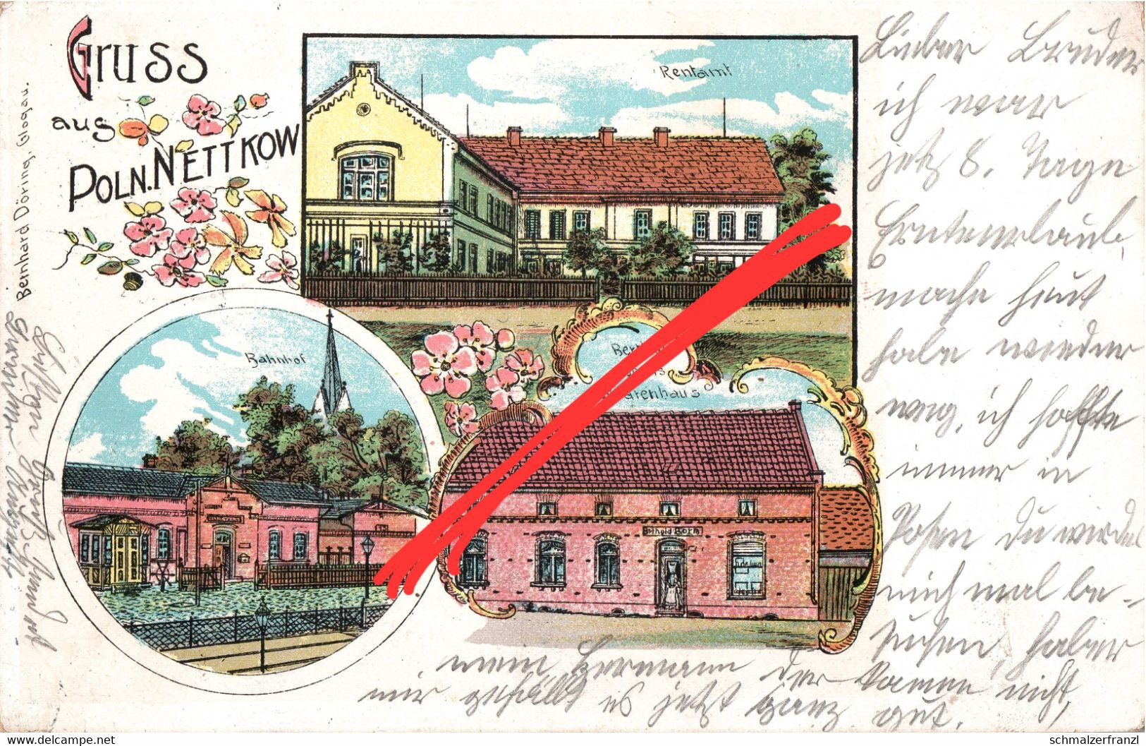 Litho AK Polnisch Schlesisch Nettkow Nietkow Bahnhof a Läsgen Lessen Rothenburg Czerwiensk Deutsch Nietkowice Bahnpost