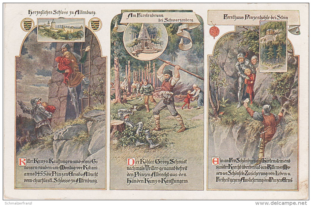 Litho AK Trilogie Prinzenraub Altenburg + Fürstenbrunn Schwarzenberg Grünhain + Prinzenhöhle Stein bei Hartenstein