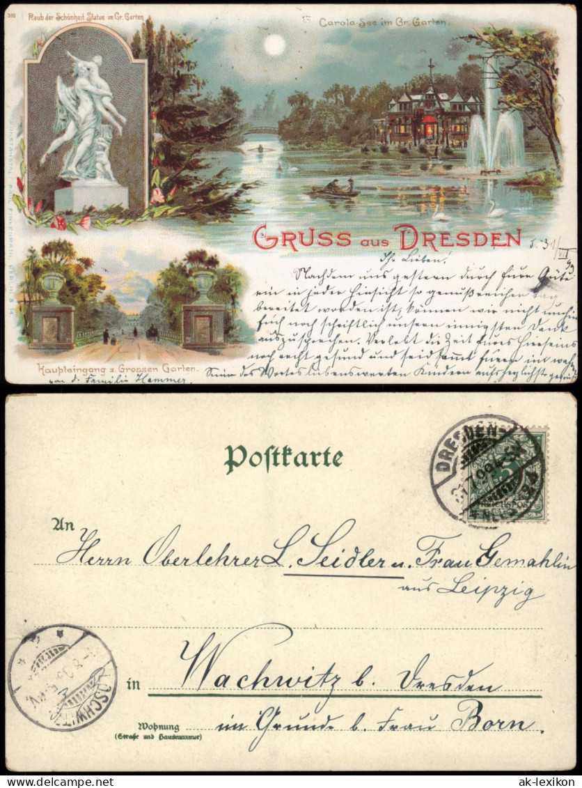 Litho Ansichtskarte Dresden Großer Garten, Carolasee bei Mondschein 1899