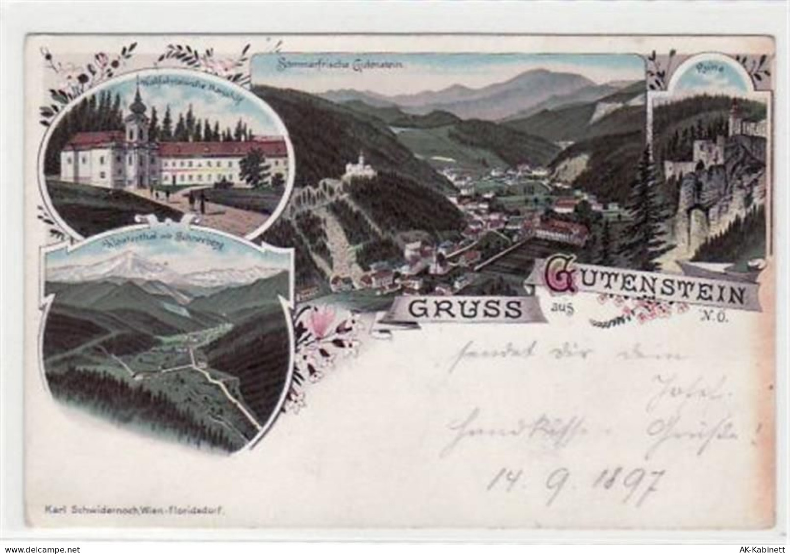 Litho Gruss aus Gutenstein. Sommerfrische Gutenstein Wallfahrtskirche Ma... - 39006399