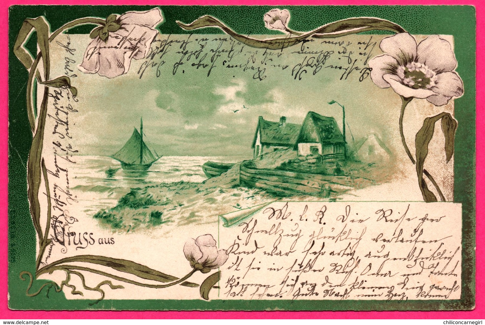 Litho - Gruss aus Unna - Maison au bord de la mer - Bateau - 1899 - Oblit. UNNA / WEIDENAU