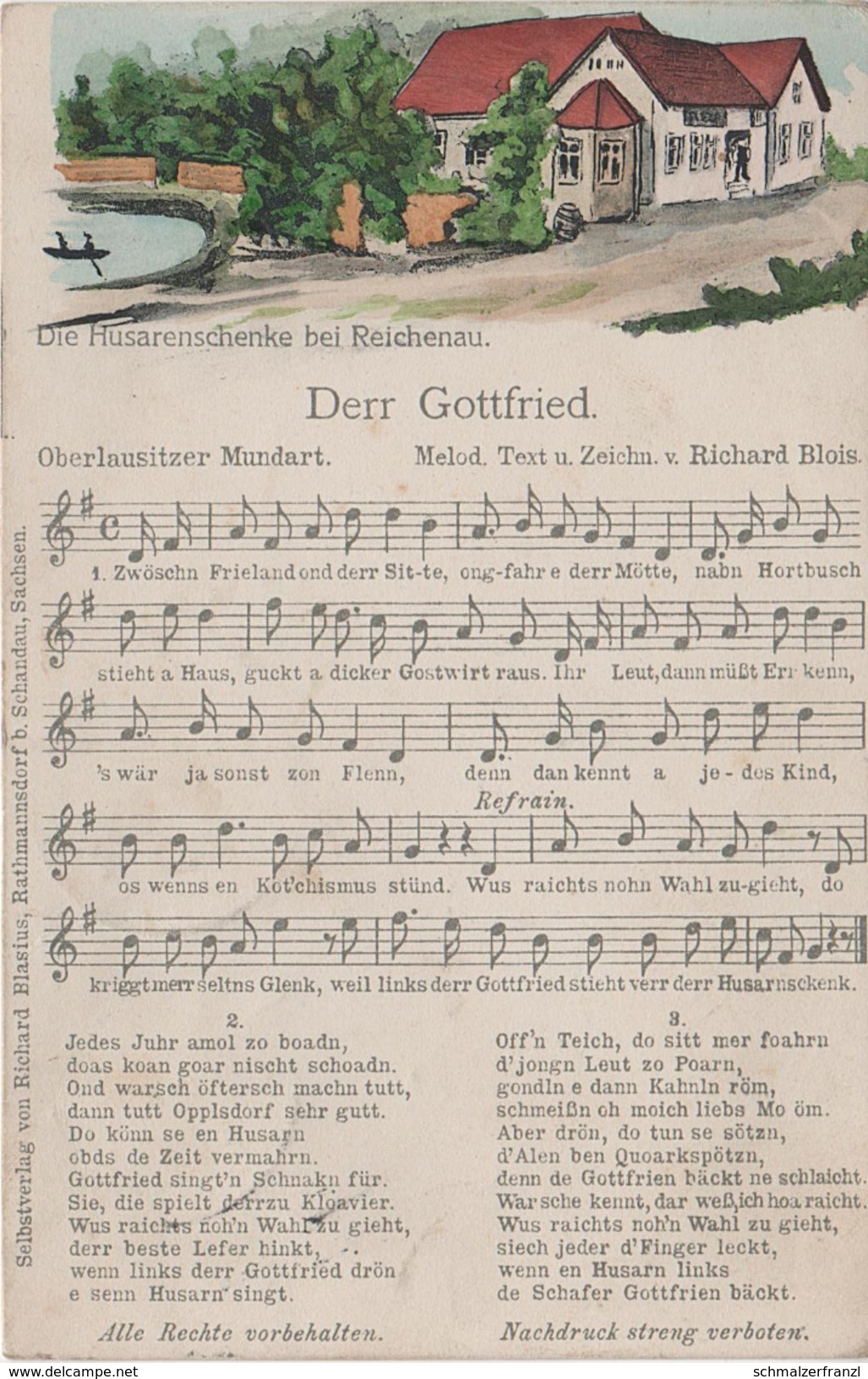 Litho Lied AK Gottfried Husarenschenke Reichenau Bogatynia bei Zittau Friedland Oppelsdorf Reibersdorf Weigsdorf Wald
