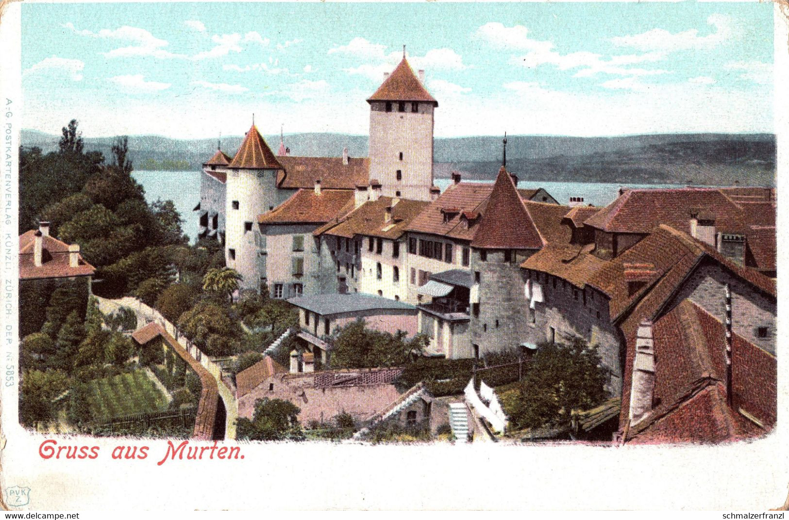 Litho Photochromie AK Gruß Murten Morat Schloß Chateau Schloßgaße Stadtgraben Murtensee Freiburg FR Schweiz Suisse Swiss