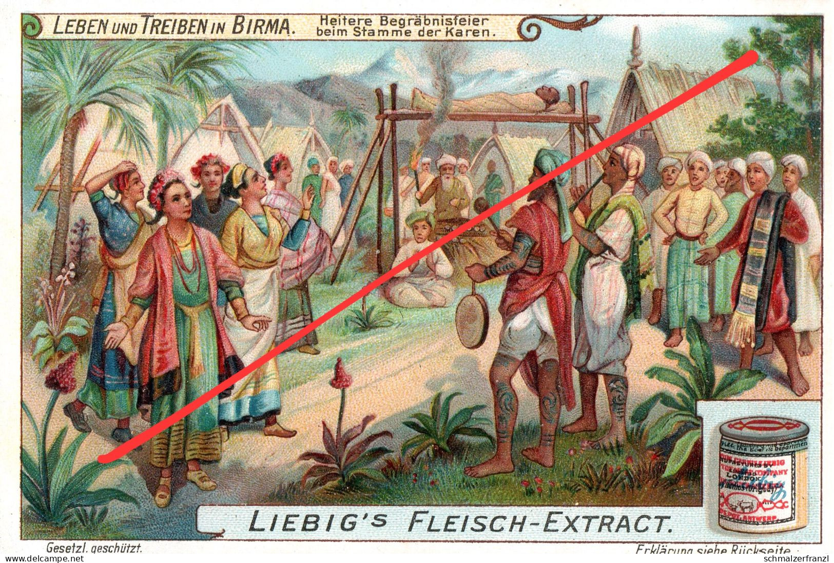 Litho Sammelbild Serienbild Leben und Treiben in Birma Burma Myanmar Begräbnis Karen Liebig Fleisch Extract Extrakt Oxo