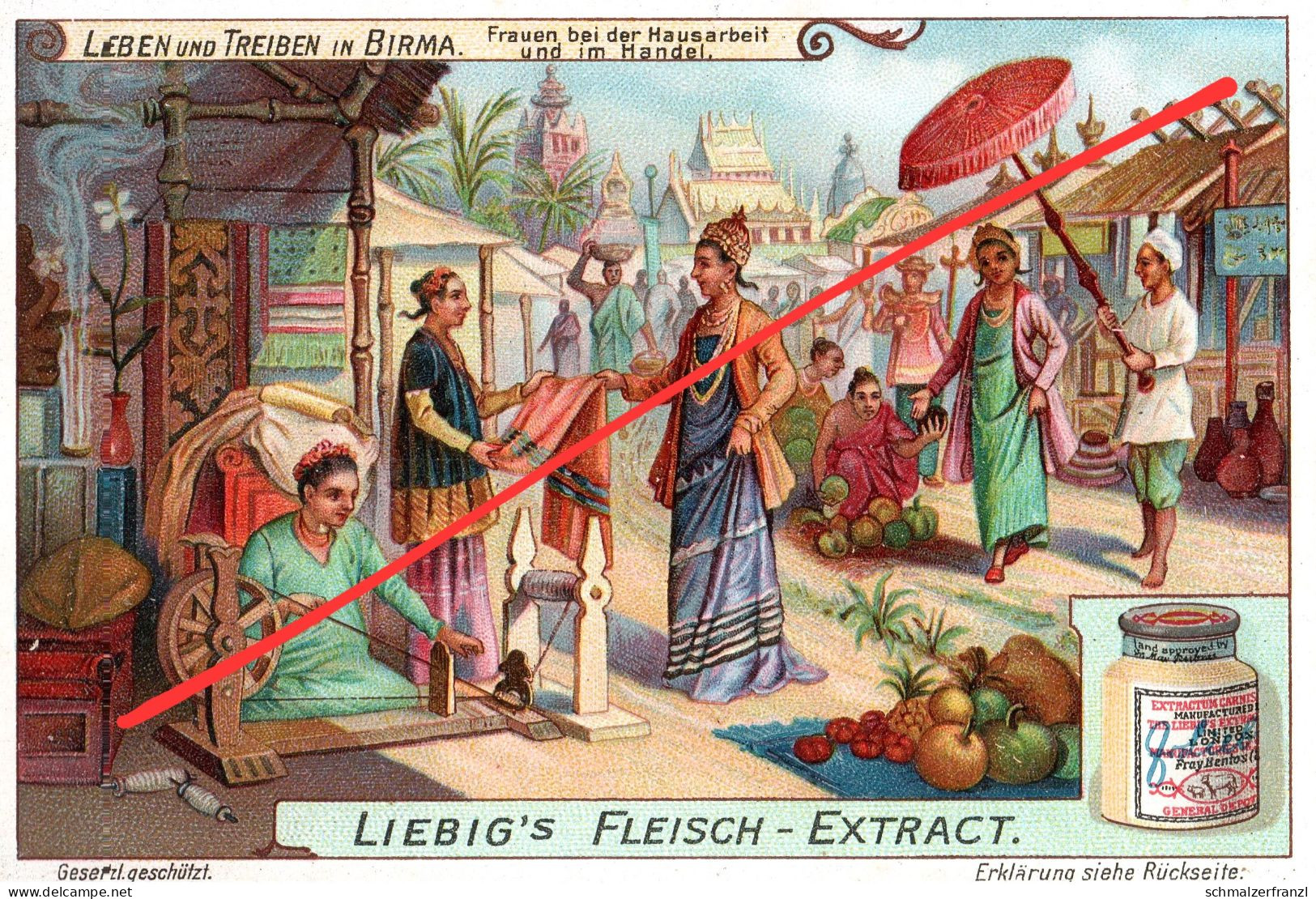 Litho Sammelbild Serienbild Leben und Treiben in Birma Burma Myanmar Frau Hausarbeit Liebig Fleisch Extract Extrakt Oxo