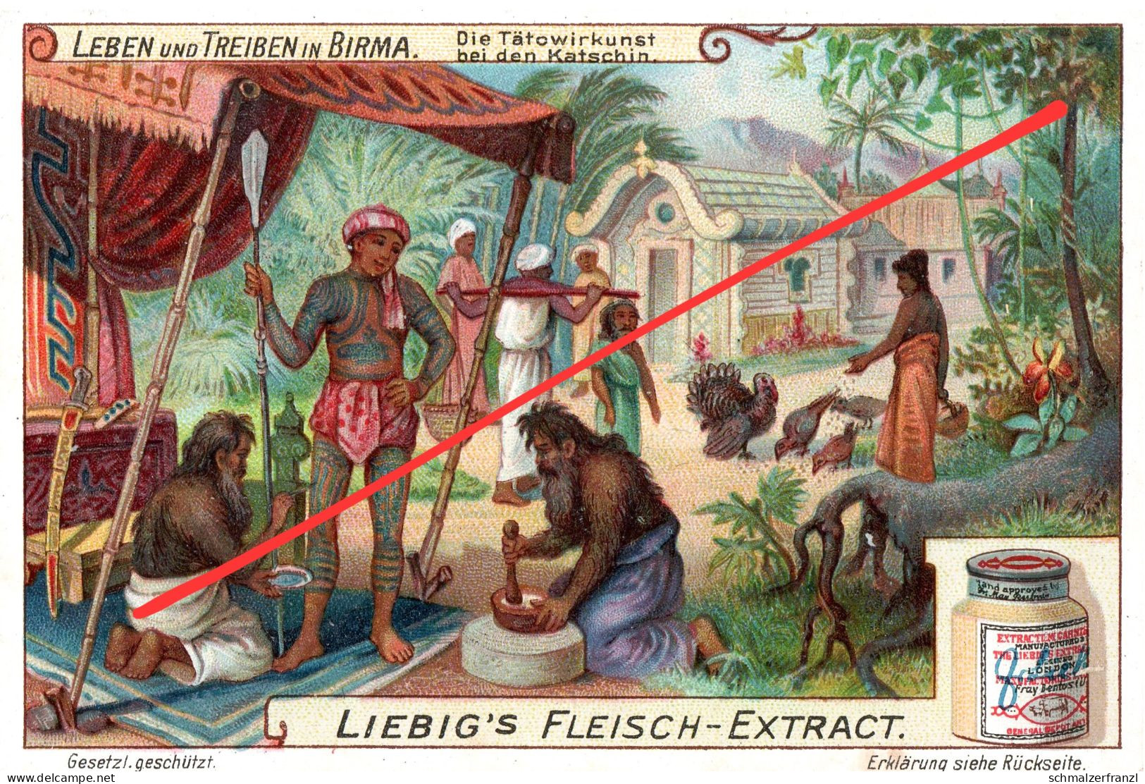 Litho Sammelbild Serienbild Leben und Treiben in Birma Burma Myanmar Tattoo Katschin Liebig Fleisch Extract Extrakt Oxo