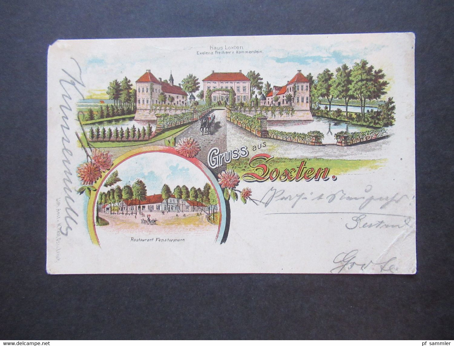 Litho um 1900 Gruss aus Loxten ( Versmold) Restauration Fenstermann und Haus Loxten Exelenz Freiherr v. Hammerstein