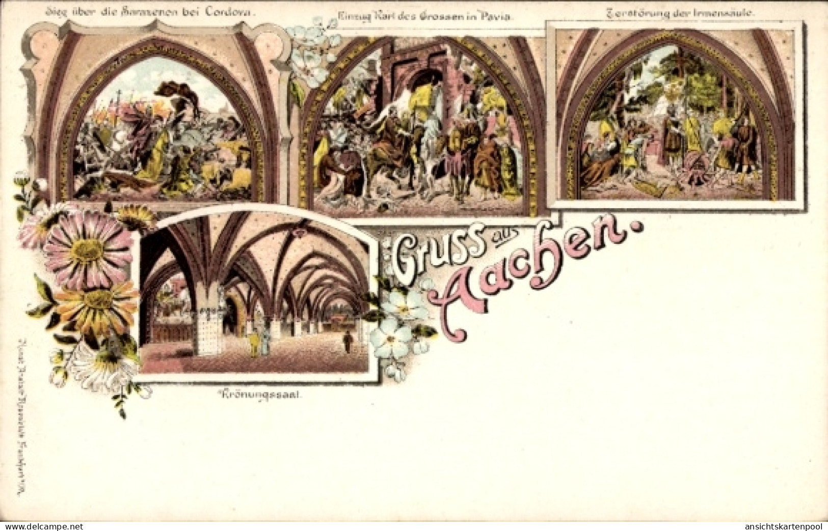 Lithographie Aachen, Krönungssaal, Gemälde, Szenen