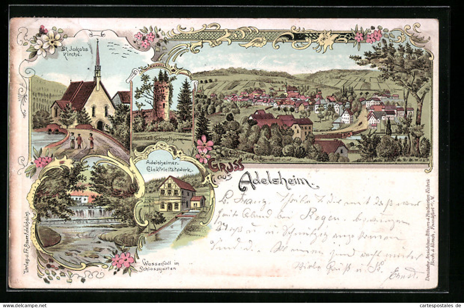 Lithographie Adelsheim, Elektrizitätswerk, St. Jakobs-Kirche, Wasserfall im Schlossgarten