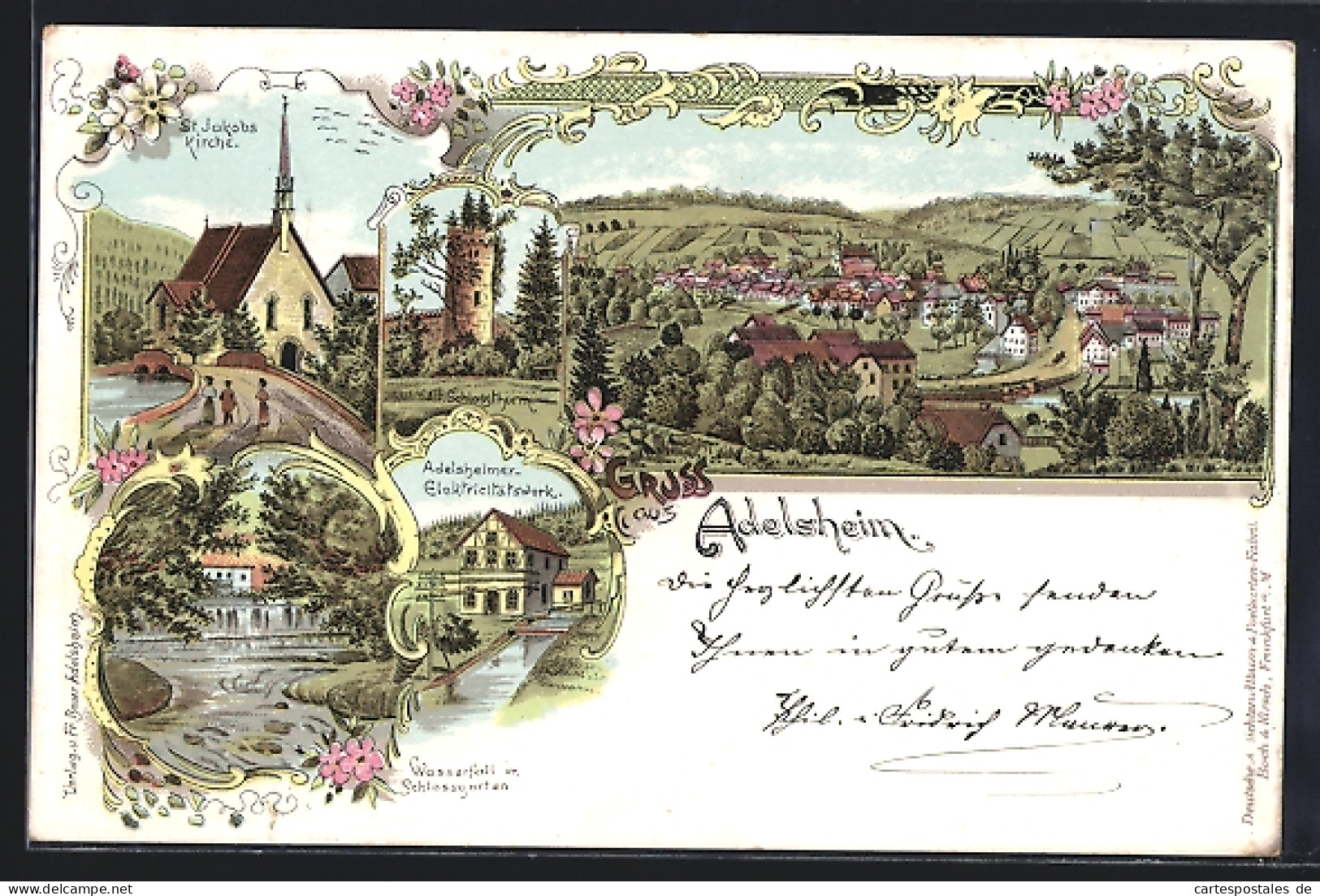 Lithographie Adelsheim, Elektrizitätswerk, Wasserfall im Schlossgarten, St. Jakobs Kirche