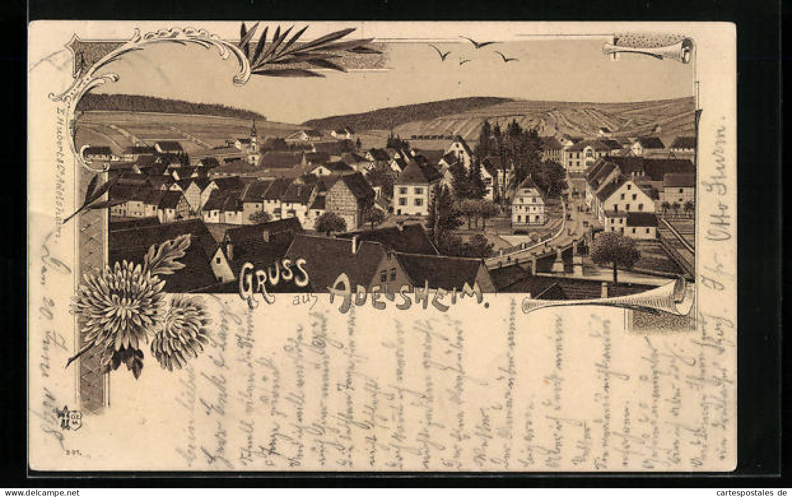 Lithographie Adelsheim, Ortsansicht aus der Vogelschau, Florale Elemente