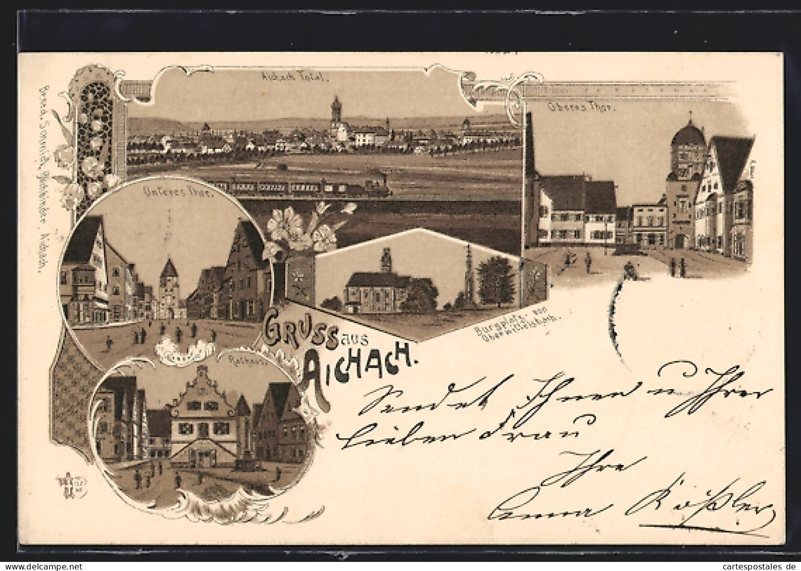 Lithographie Aichach, Totalansicht mit Rathaus und Burgplatz