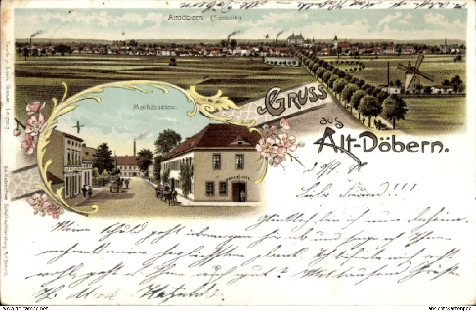 Lithographie Alt Döbern Altdöbern Niederlausitz, Panorama, Marktstraße