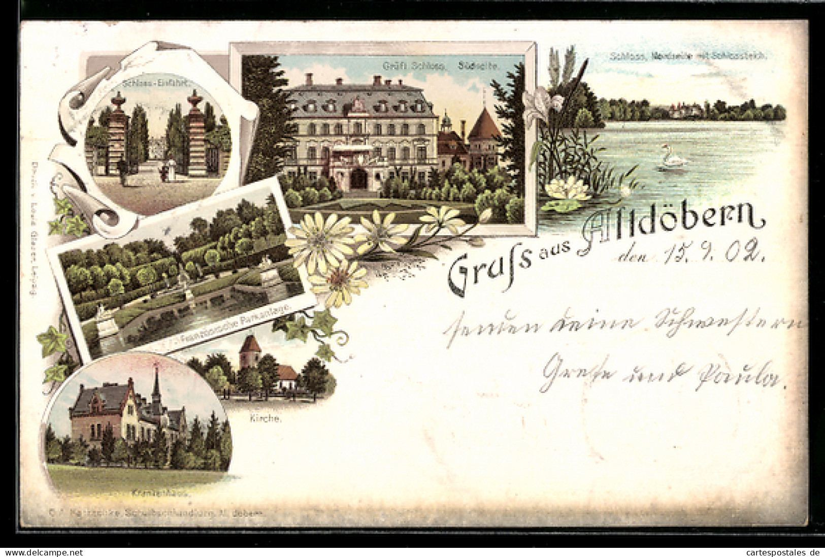 Lithographie Altdöbern, Gräfliches Schloss, Südseite, Schloss-Einfahrt, Französische Parkanlage, Kirche, Krankenha