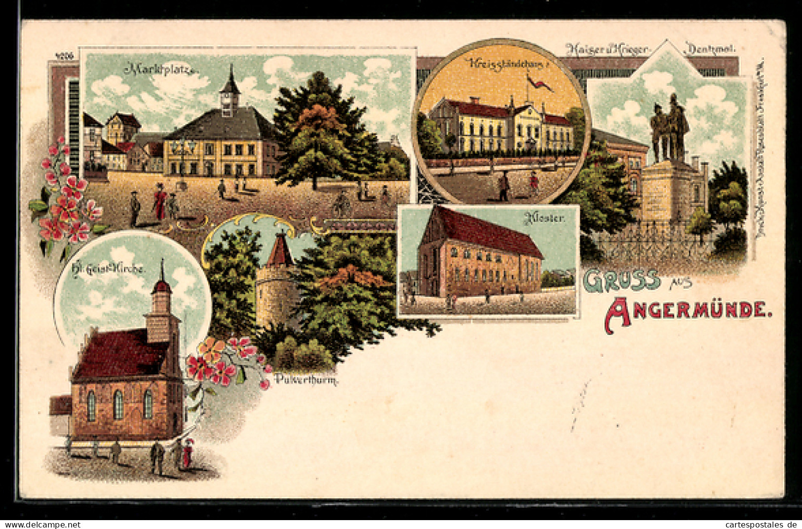 Lithographie Angermünde, Partie am Marktplatz, Kreisständehaus und Kaiserdenkmal