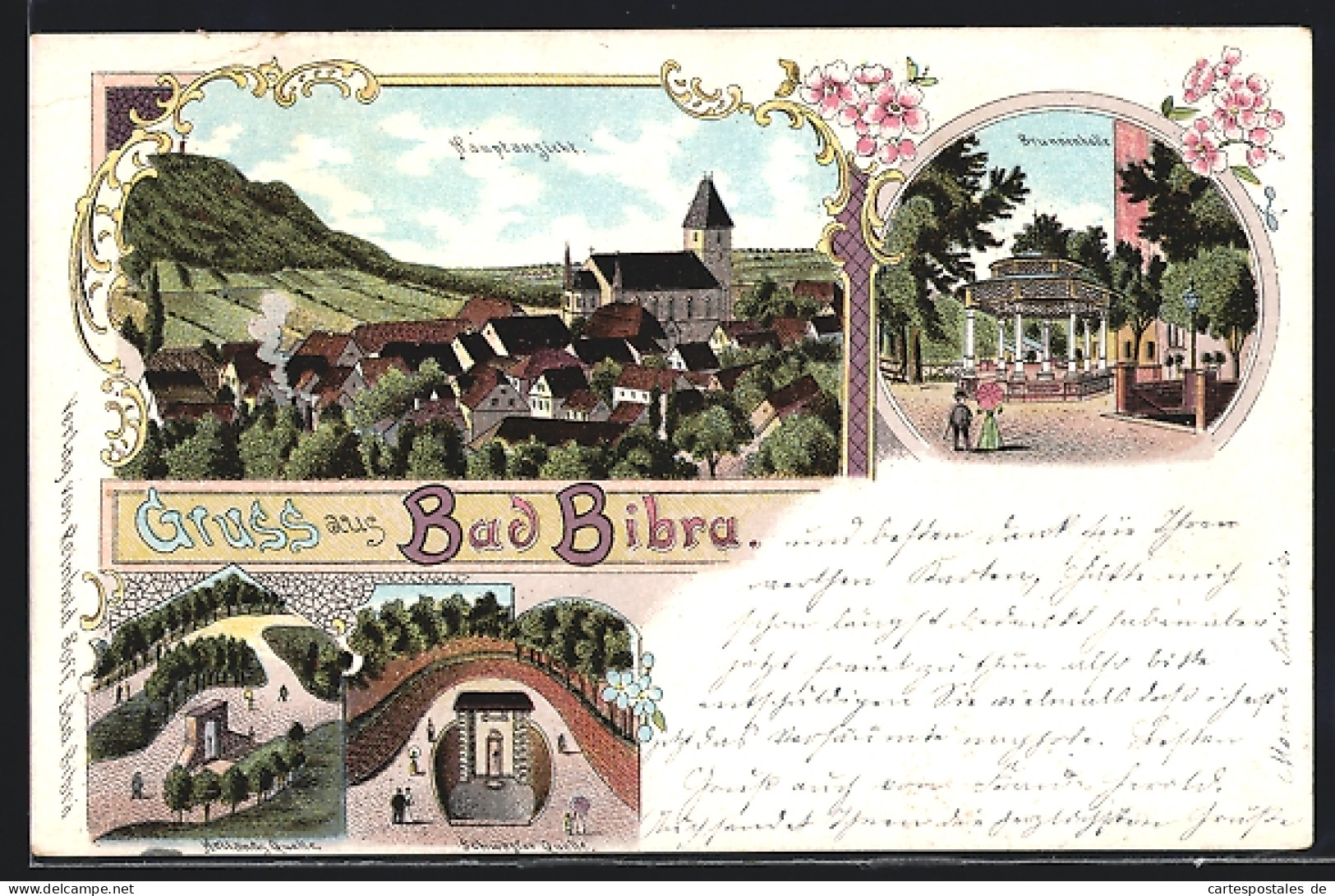 Lithographie Bad Bibra, Brunnenhalle, Schwester Quelle, Totalansicht