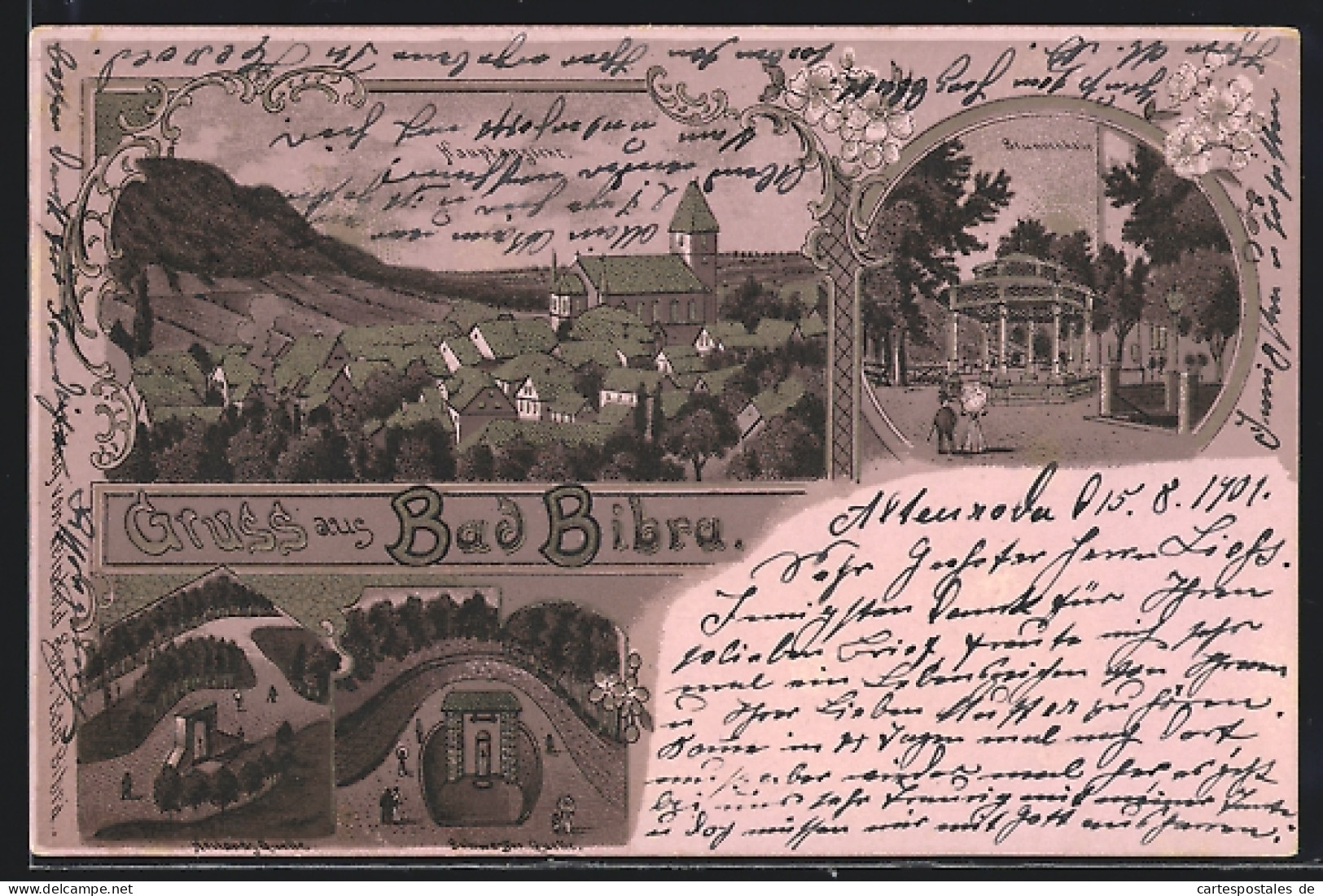 Lithographie Bad Bibra, Heilands-Quelle, Schwester-Quelle, Brunnenhalle, Ortsansicht