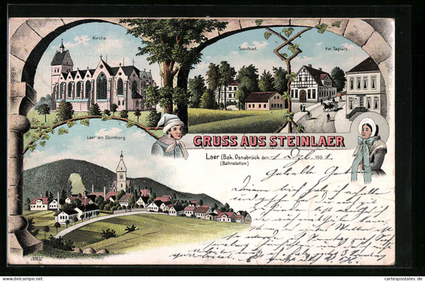 Lithographie Bad Laer - Steinlaer, Soolbad, Strassenpartie am Tieplatz, Kirche