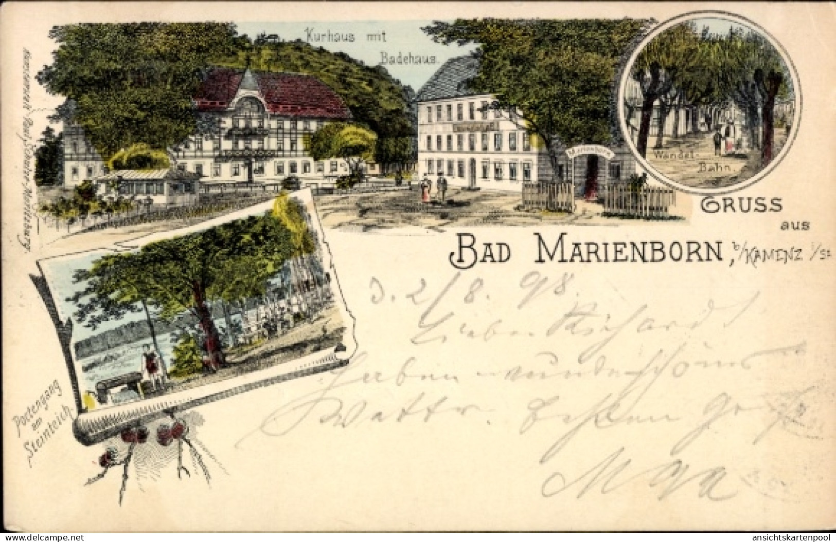 Lithographie Bad Marienborn Schmeckwitz Räckelwitz Oberlausitz, Kurhaus, Badehaus, Steinteich