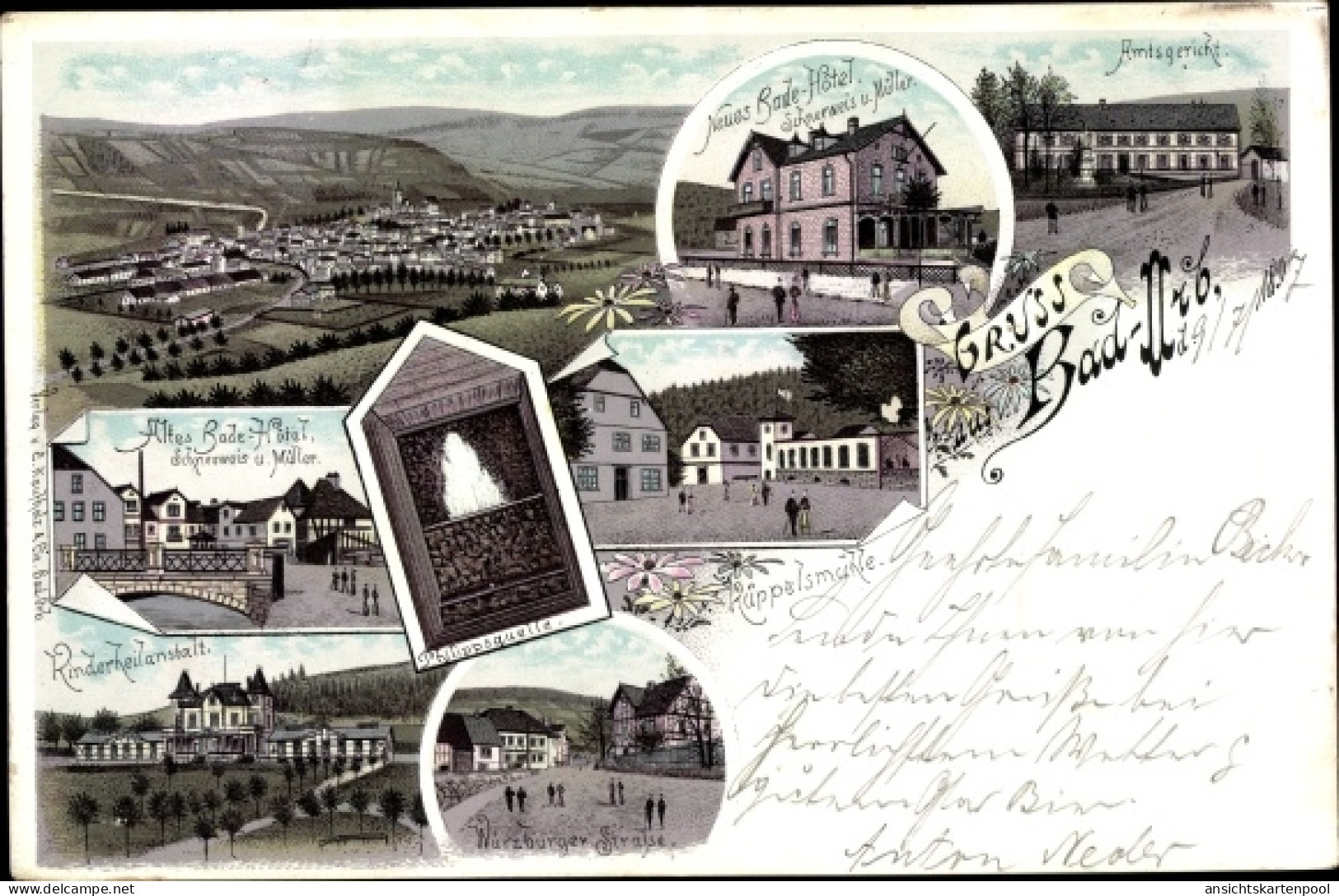 Lithographie Bad Orb im Main Kinzig Kreis Hessen, Stadtansichten, Rüppelsmühle, Badehotel, Amtsgericht