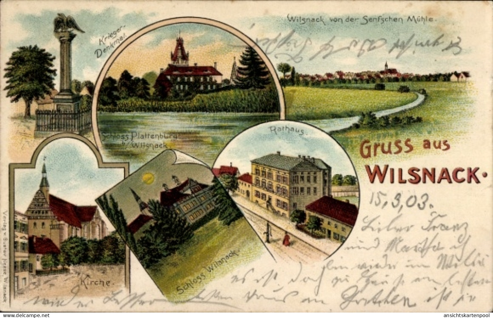 Lithographie Bad Wilsnack in der Prignitz, Kriegerdenkmal, Schloss, Kirche, Rathaus, Schloss Plattenburg