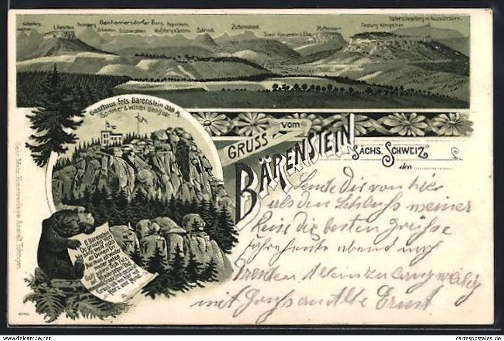 Lithographie Bärenstein, Gasthaus Fels Bärenstein, Panorama mit Pfaffenstein