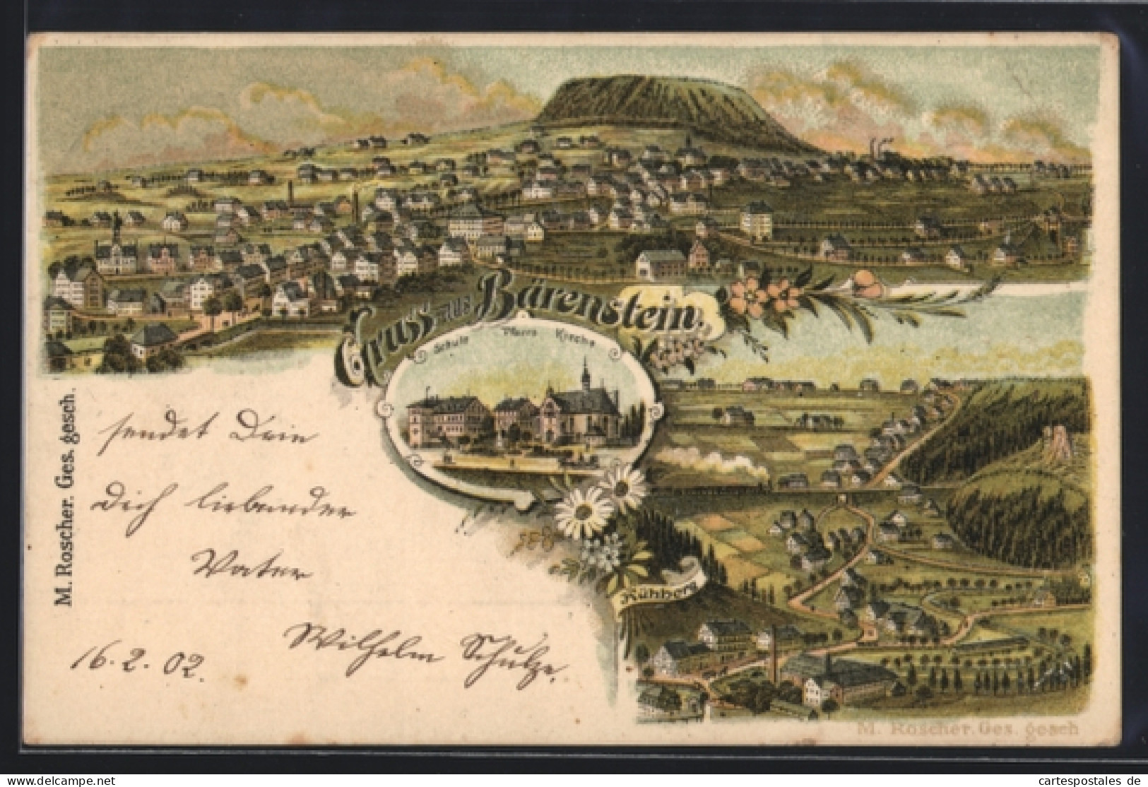 Lithographie Bärenstein, Kühberg, Schule, Pfarre, Kirche
