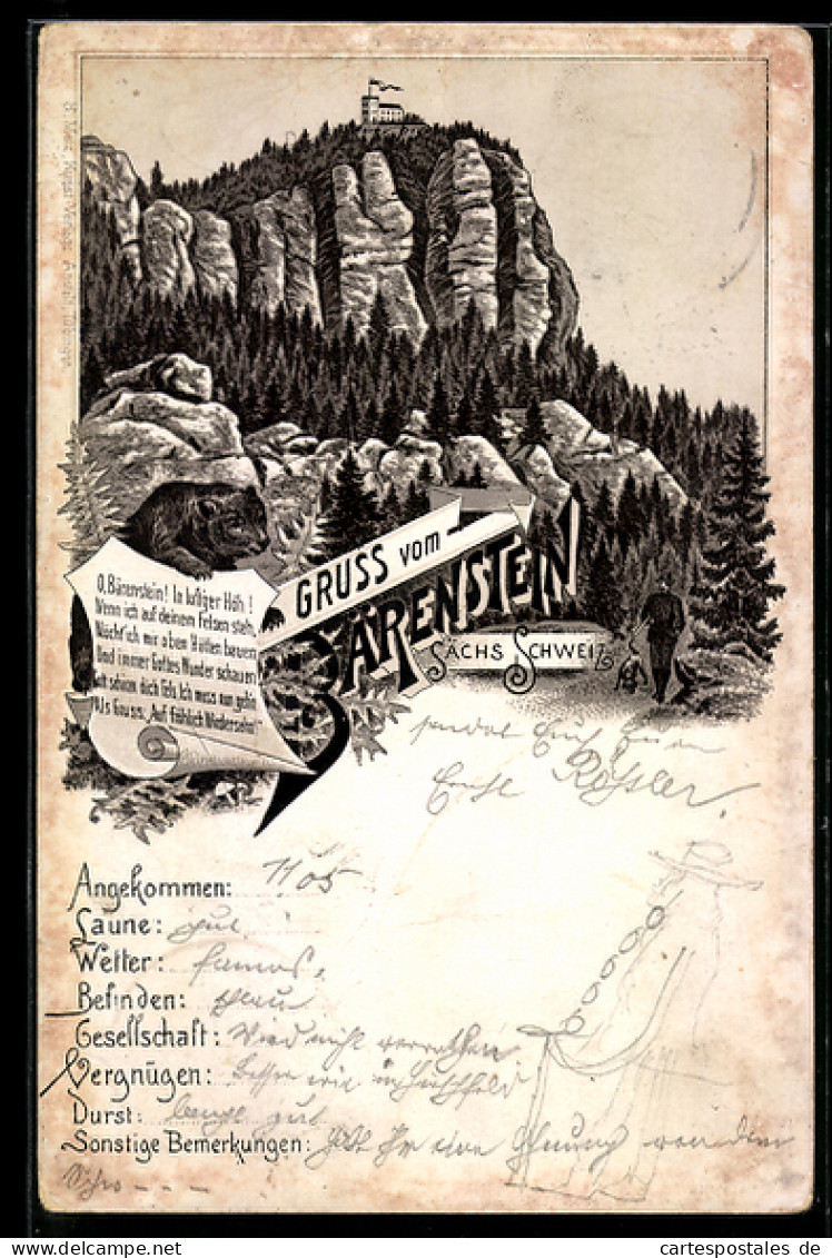 Lithographie Bärenstein /Sächsische Schweiz, Ortsansicht mit Gasthaus Fels Bärenstein O. Huhle