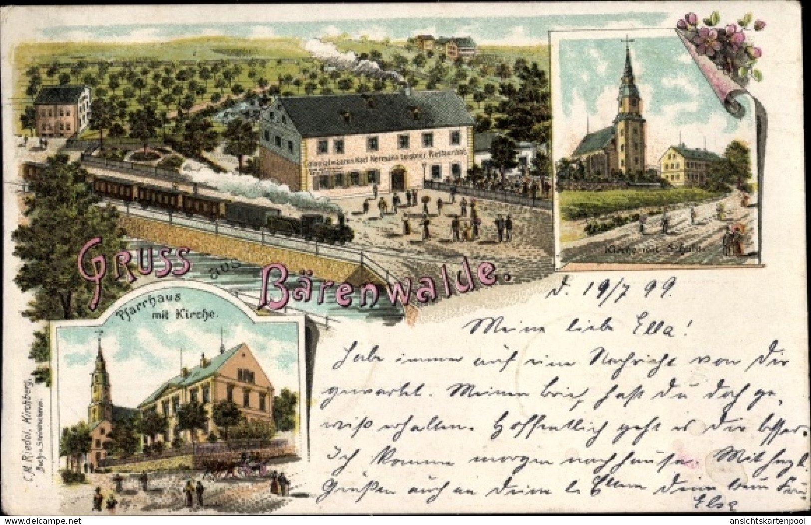 Lithographie Bärenwalde Crinitzberg in Sachsen, Kirche, Schule, Pfarrhaus, Gasthaus, Geschäftshaus