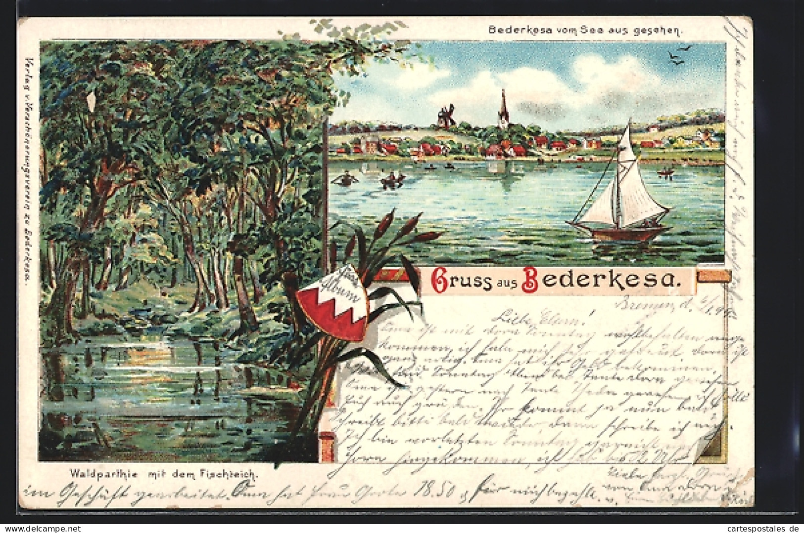 Lithographie Bederkesa, Panorama vom See aus, Waldparthie mit Fischteich