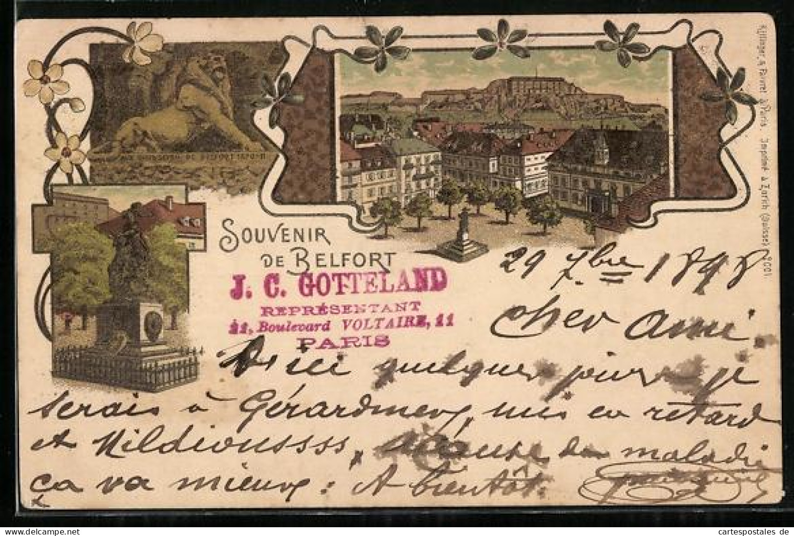 Lithographie Belfort, vue partielle, Löwendenkmal, monument