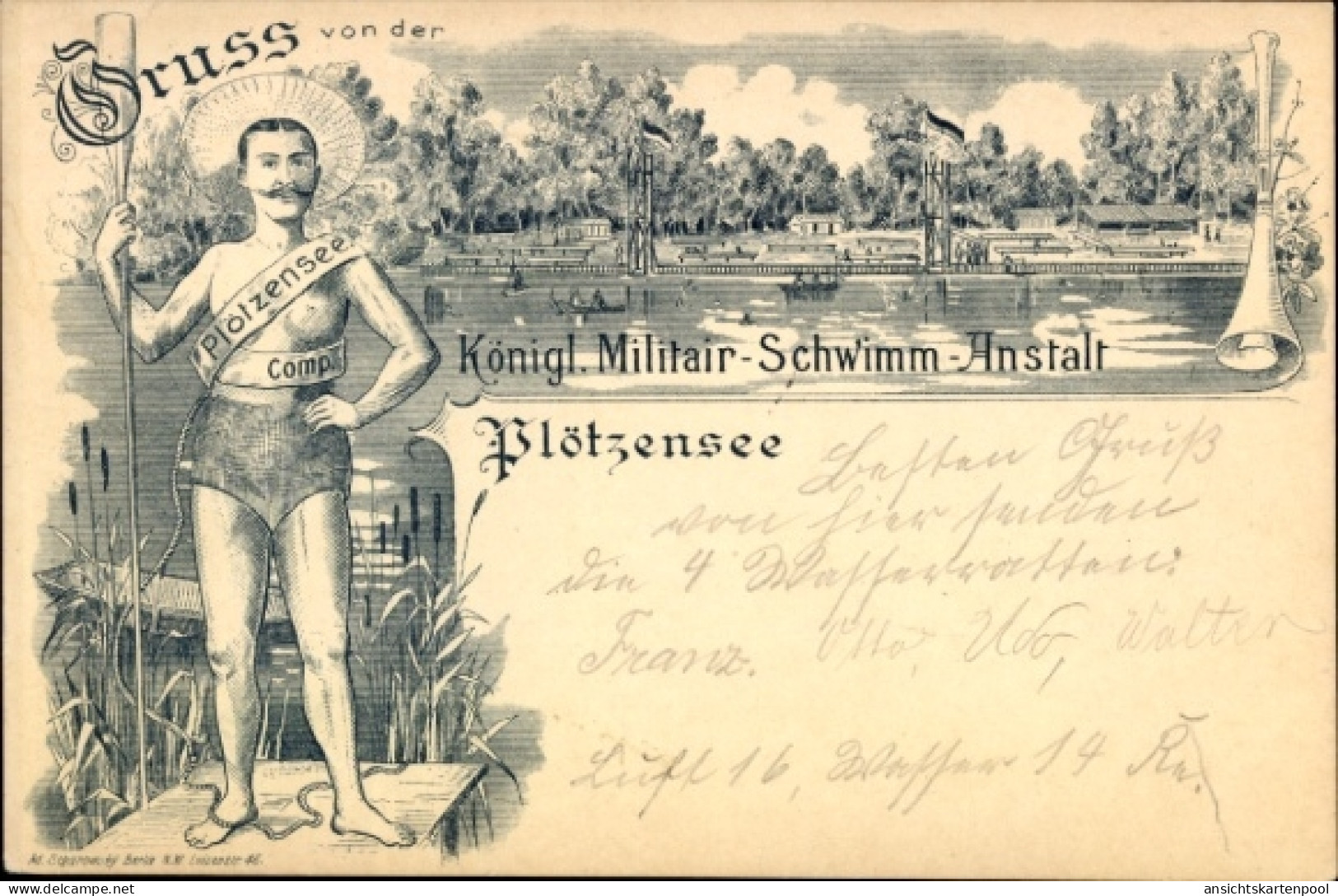 Lithographie Berlin Charlottenburg Plötzensee, Königliche Militär-Schwimm-Anstalt