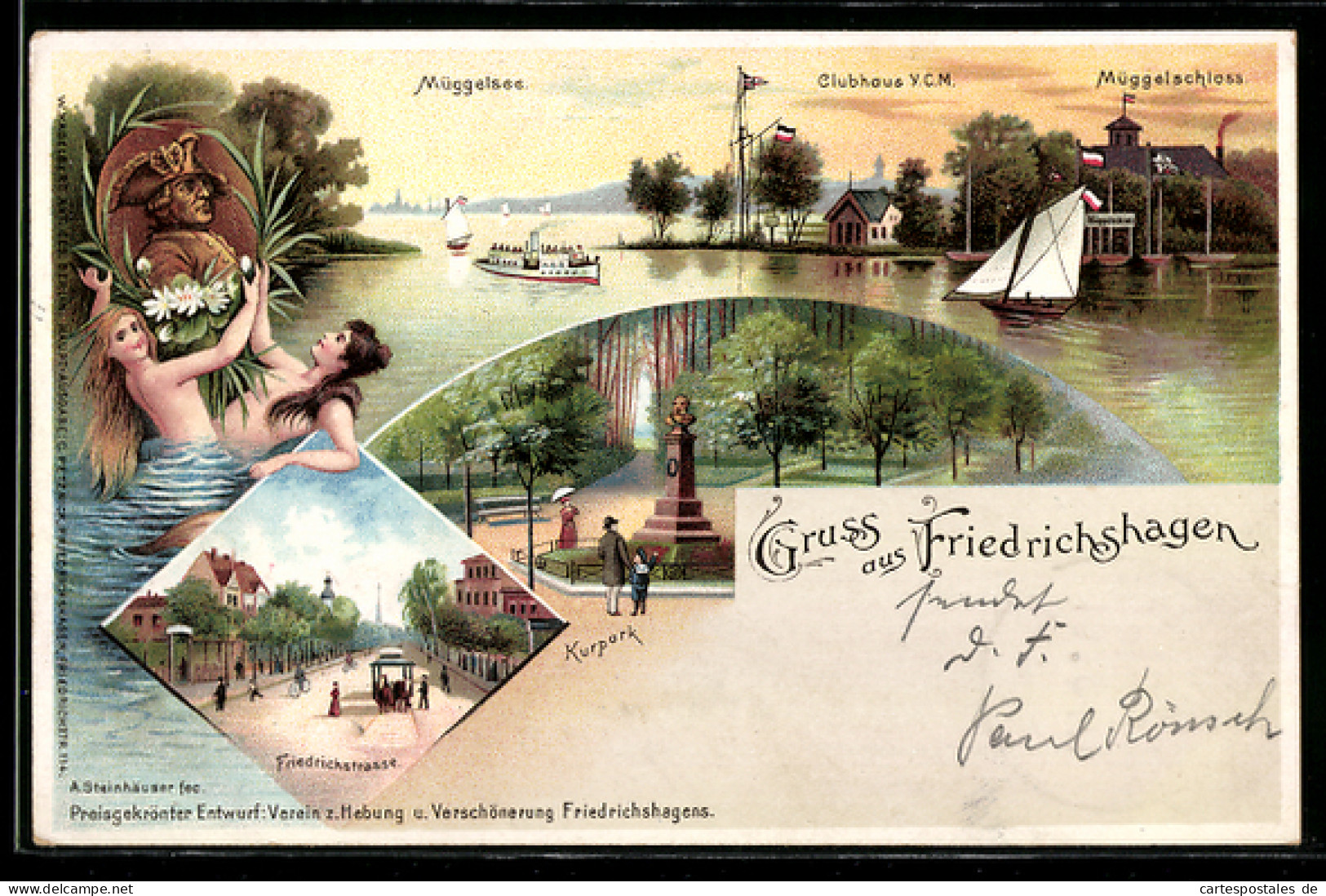 Lithographie Berlin-Friedrichshagen, Müggelsee mit Dampfer, Friedrichstrasse, Kurpark