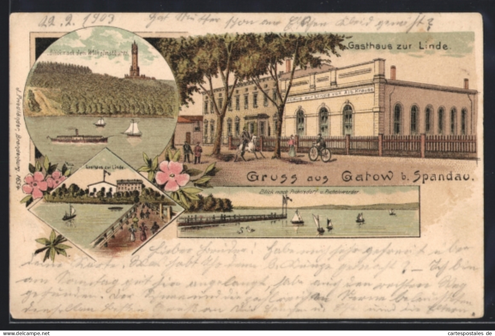 Lithographie Berlin-Gatow, Gasthaus zur Linde, Blick nach dem Wilhelmsturm