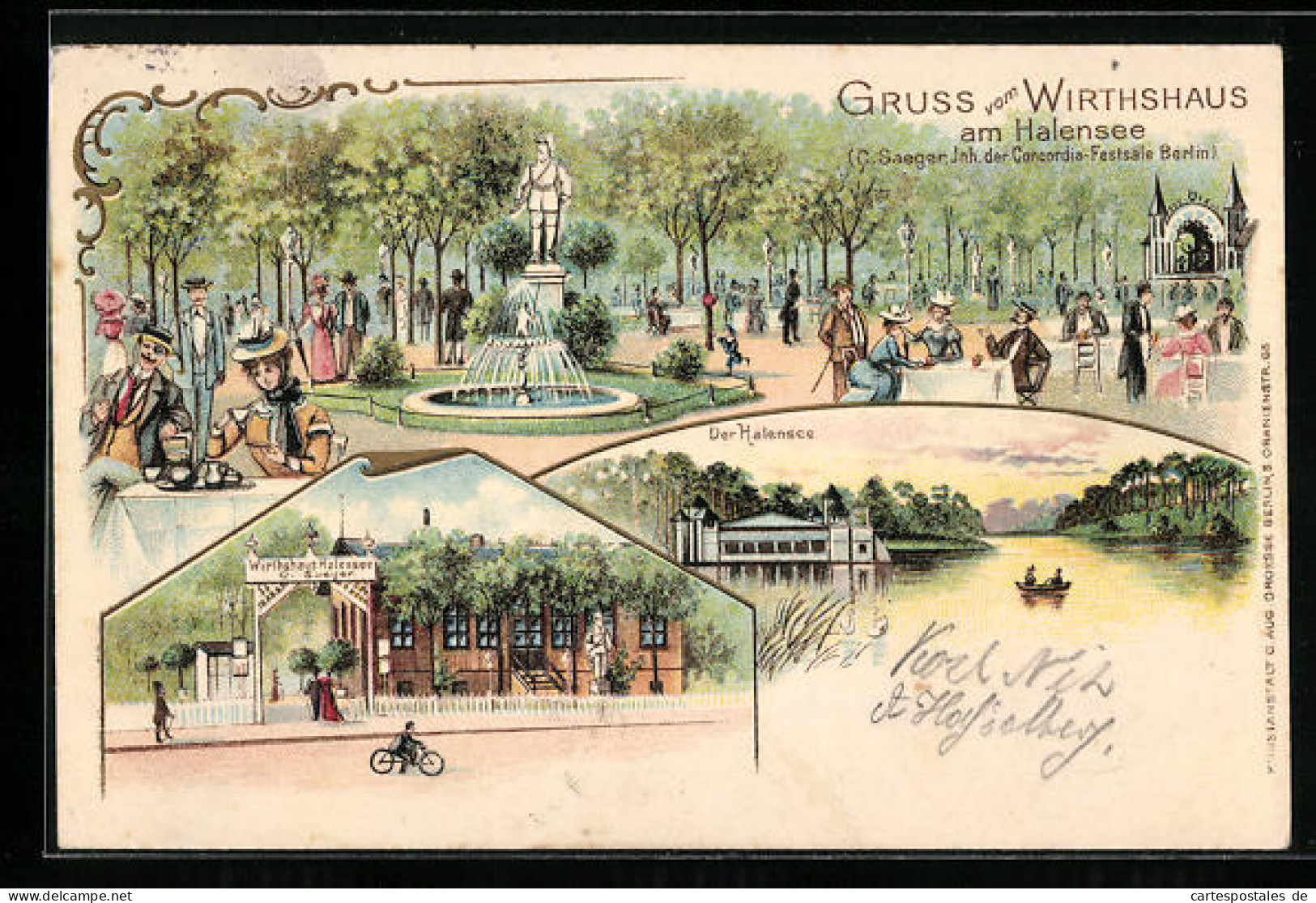 Lithographie Berlin-Halensee, Gasthaus am Halensee, Springbrunnen