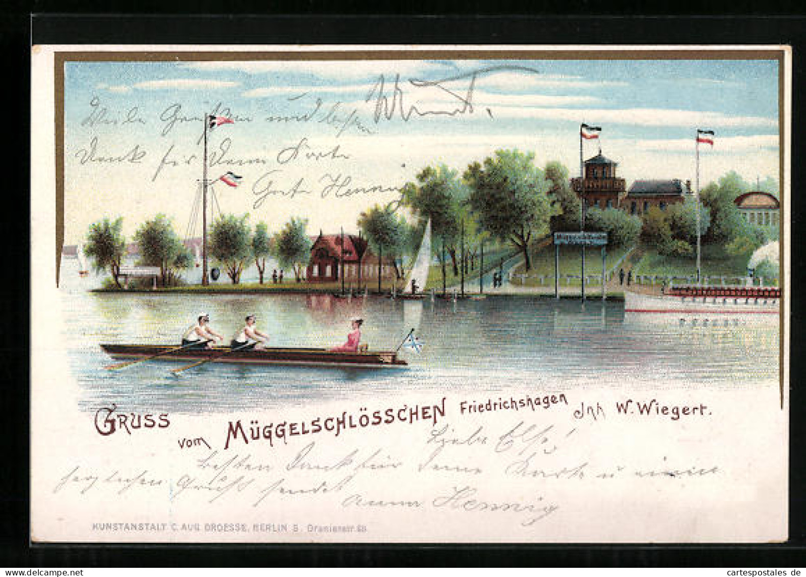 Lithographie Berlin-Köpenick, Gasthaus Müggelschlösschen mit Bootspartie