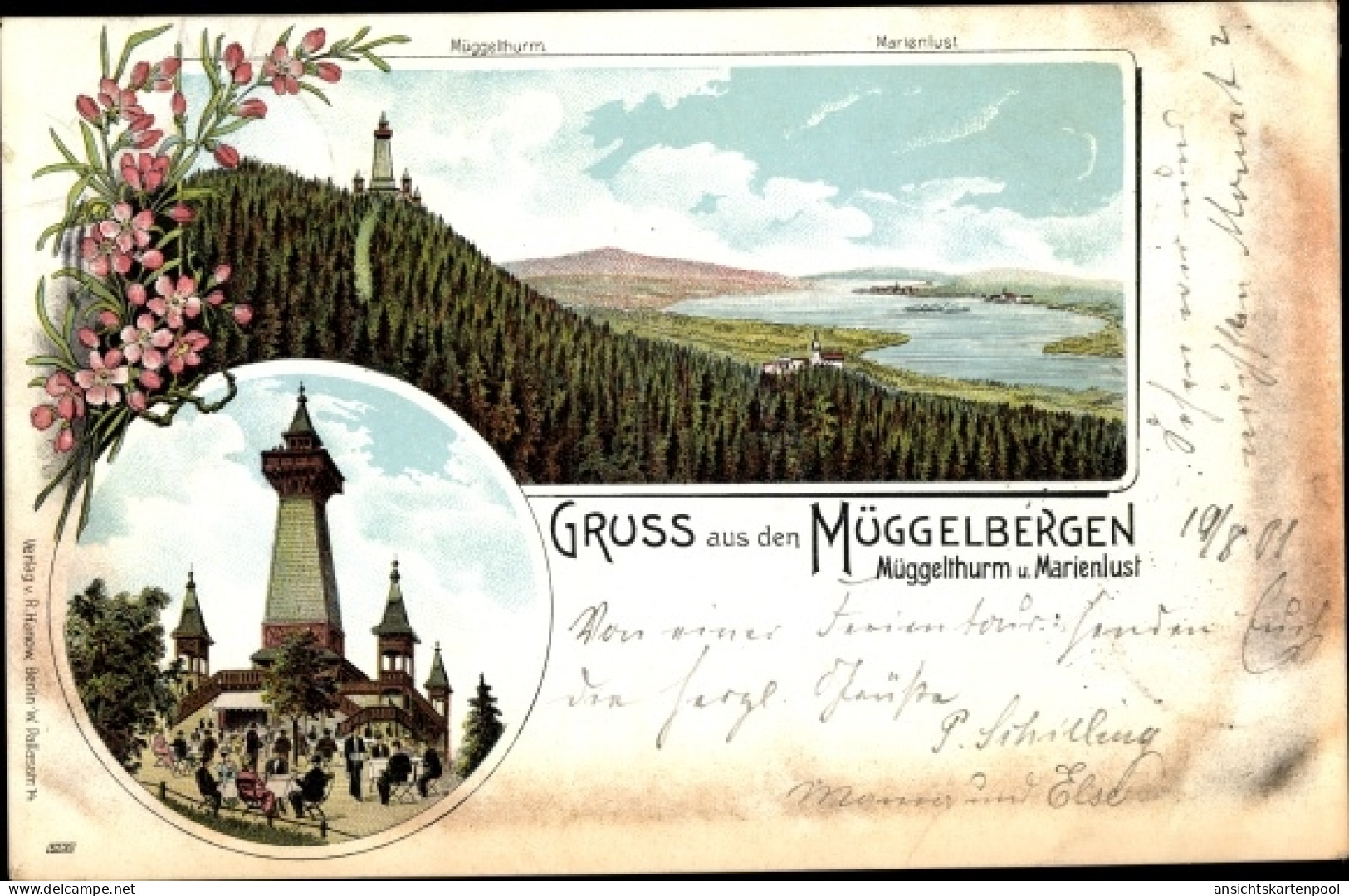 Lithographie Berlin Köpenick, Müggelsee, Müggelberge, Müggelturm, Marienlust