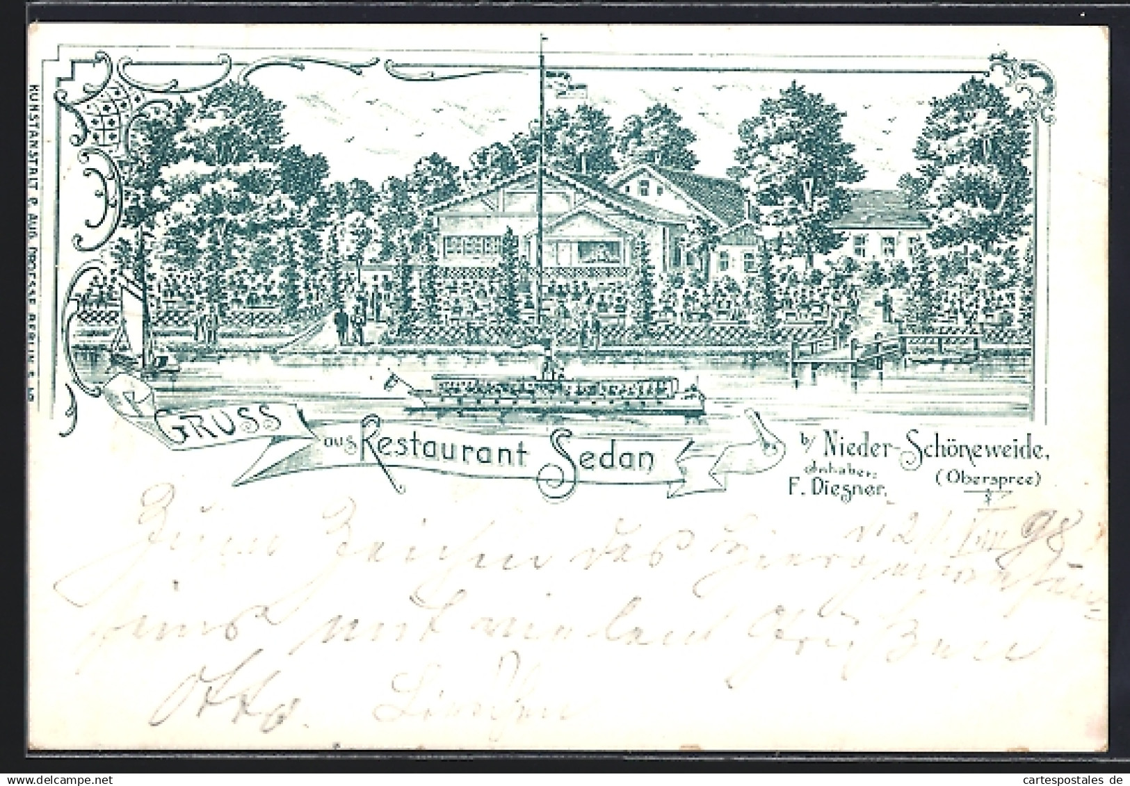 Lithographie Berlin-Nieder-Schöneweide /Oberspree, Das Restaurant Sedan v. F. Diegner