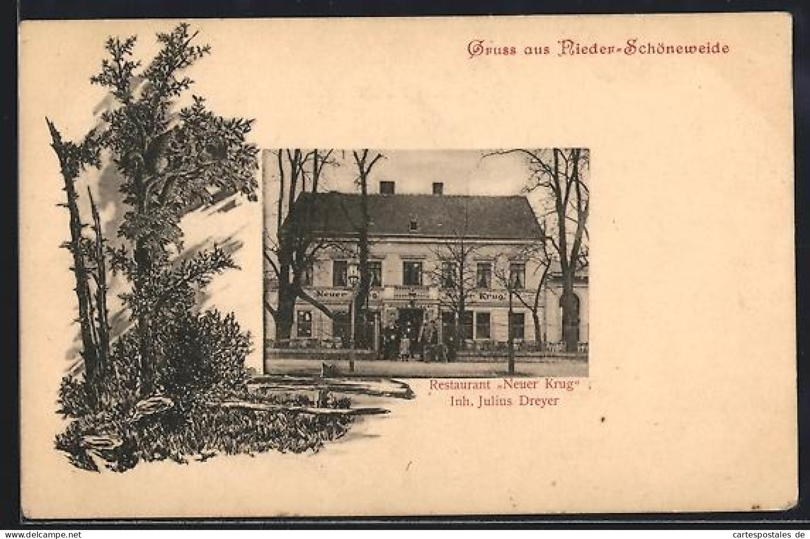 Lithographie Berlin-Niederschöneweide, Nieder-Schöneweide, Restaurant Neuer Krug Julius Dreyer, Passepartout