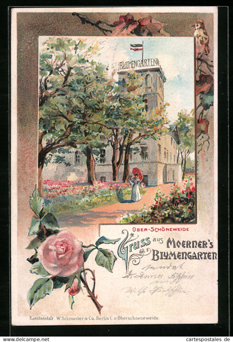 Lithographie Berlin-Oberschöneweide, Ober-Schöneweide, Gasthaus Moerners Blumengarten mit Rosen