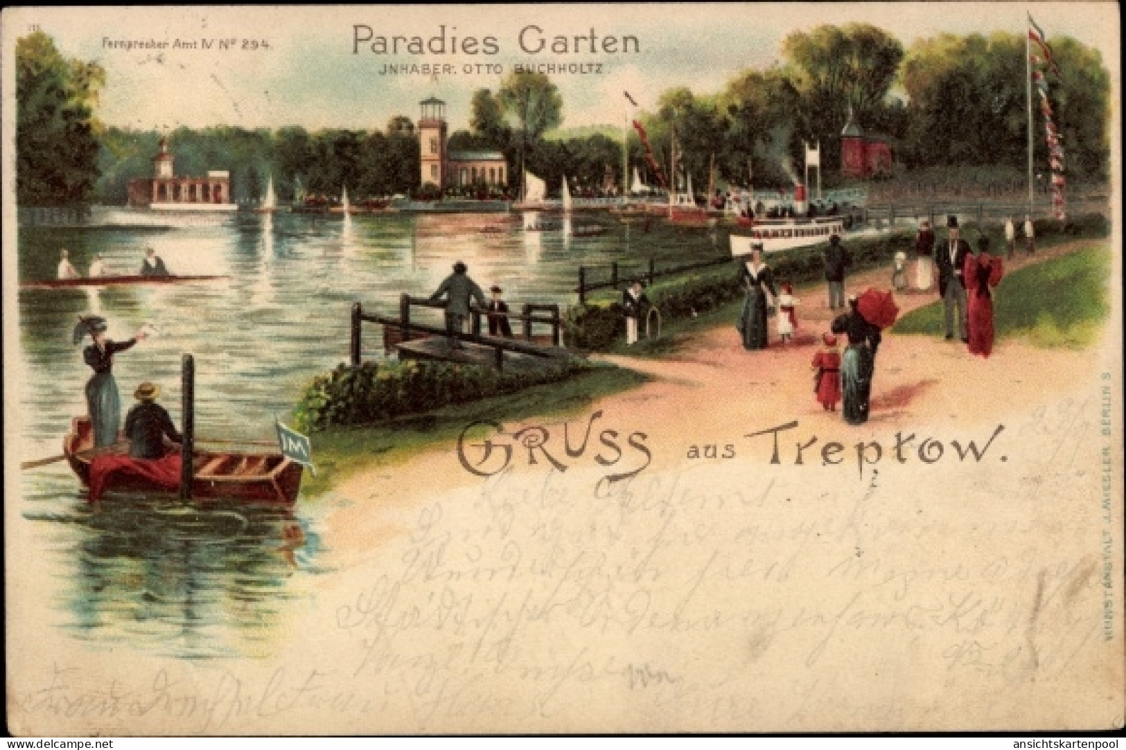 Lithographie Berlin Treptow, Kaiser Wilhelmgarten, Dampferanlegestelle