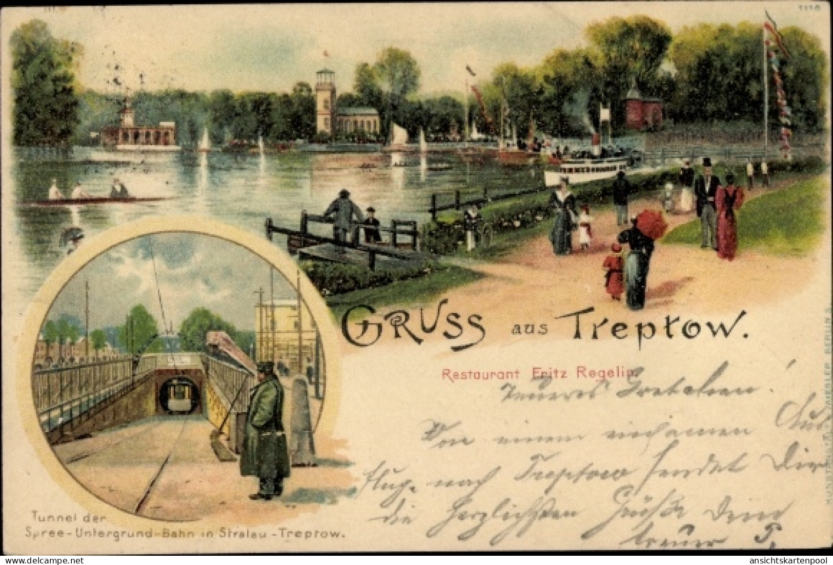 Lithographie Berlin Treptow, Kaiser Wilhelmgarten, Dampferanlegestelle, Tunnel der Spree U-Bahn