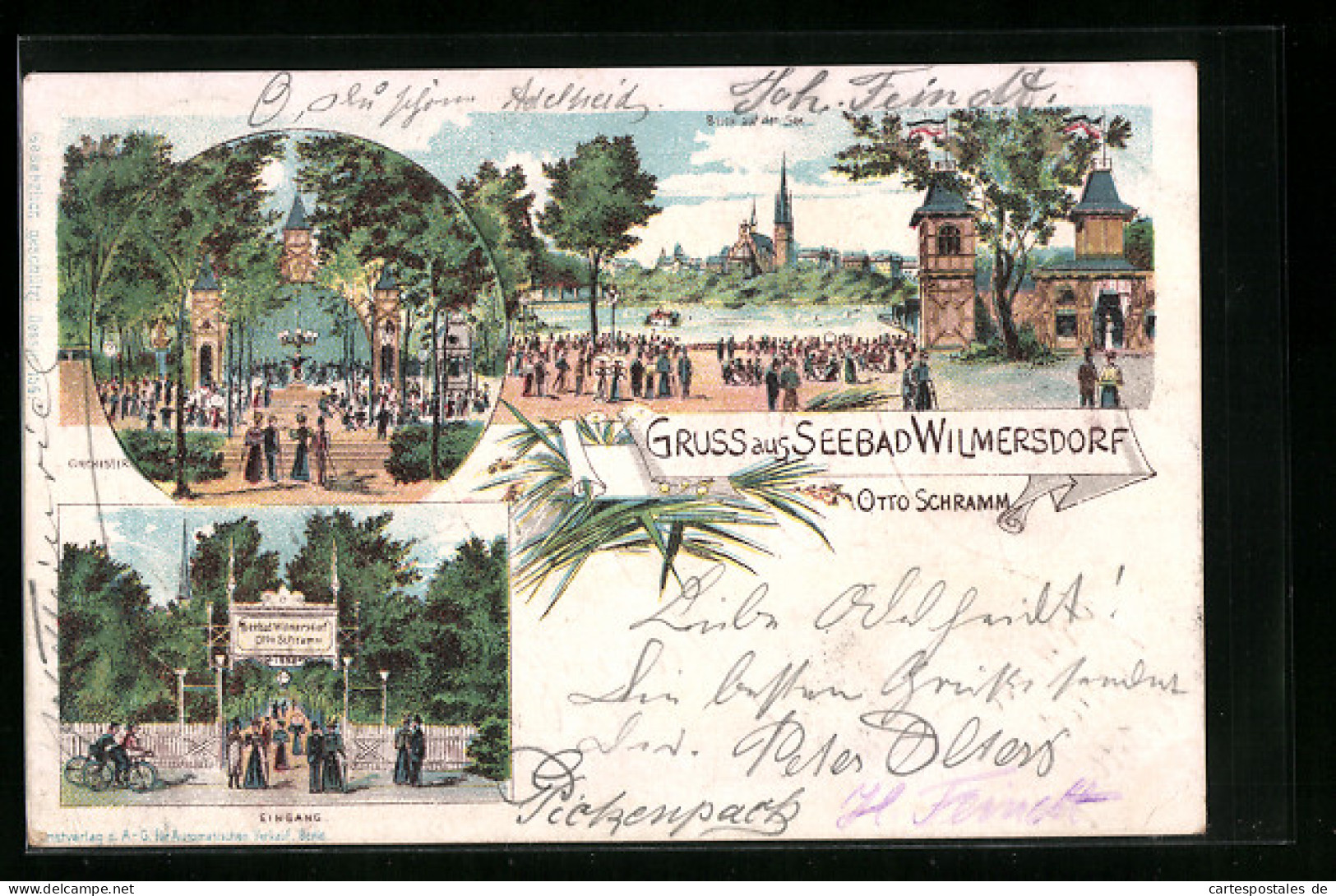 Lithographie Berlin-Wilmersdorf, Gasthaus Seebad Wilmersdorf Otto Schramm mit Garten und Ortsblick
