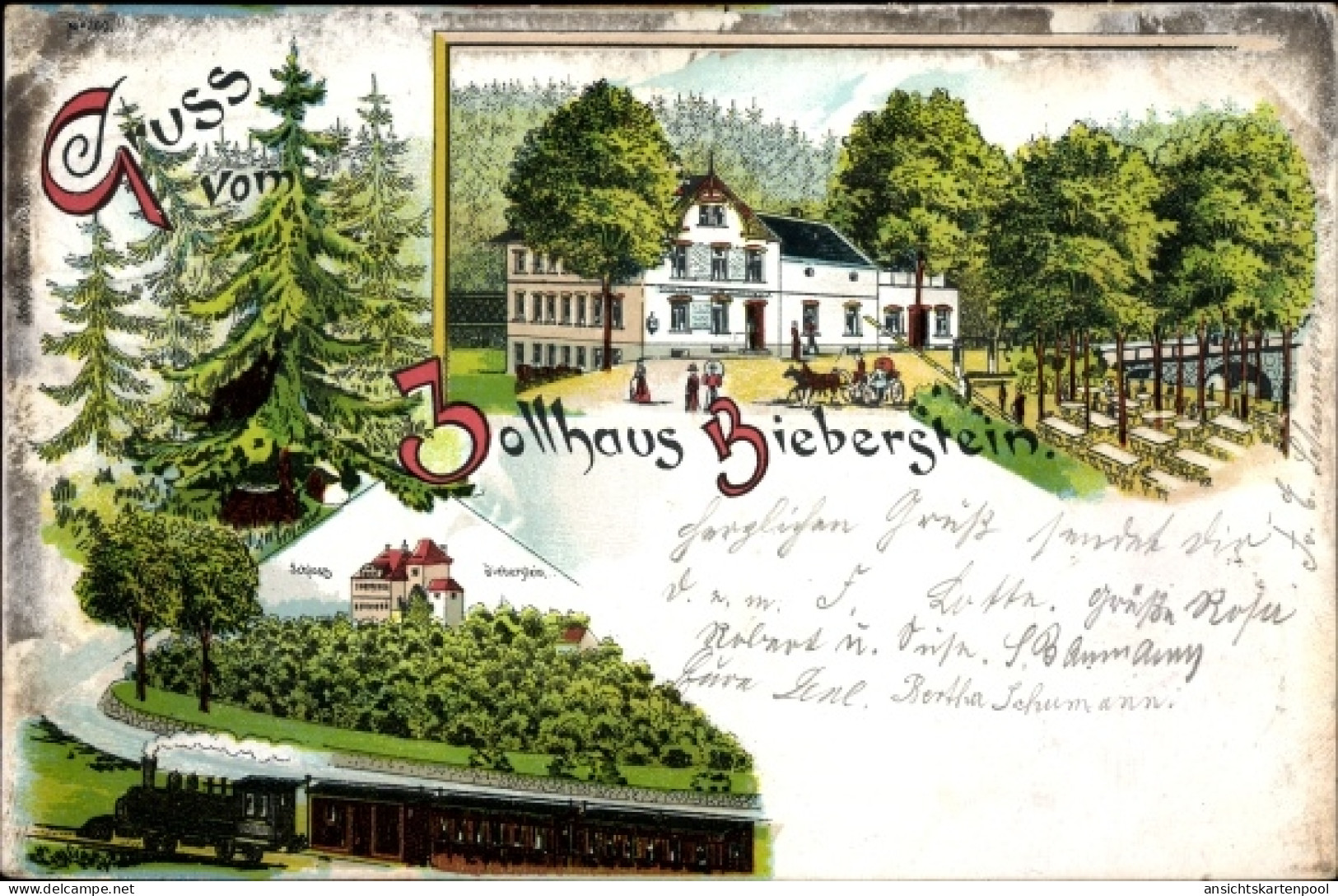 Lithographie Bieberstein Reinsberg in Sachsen, Gasthof Zollhaus Bieberstein, Schloss, Eisenbahn