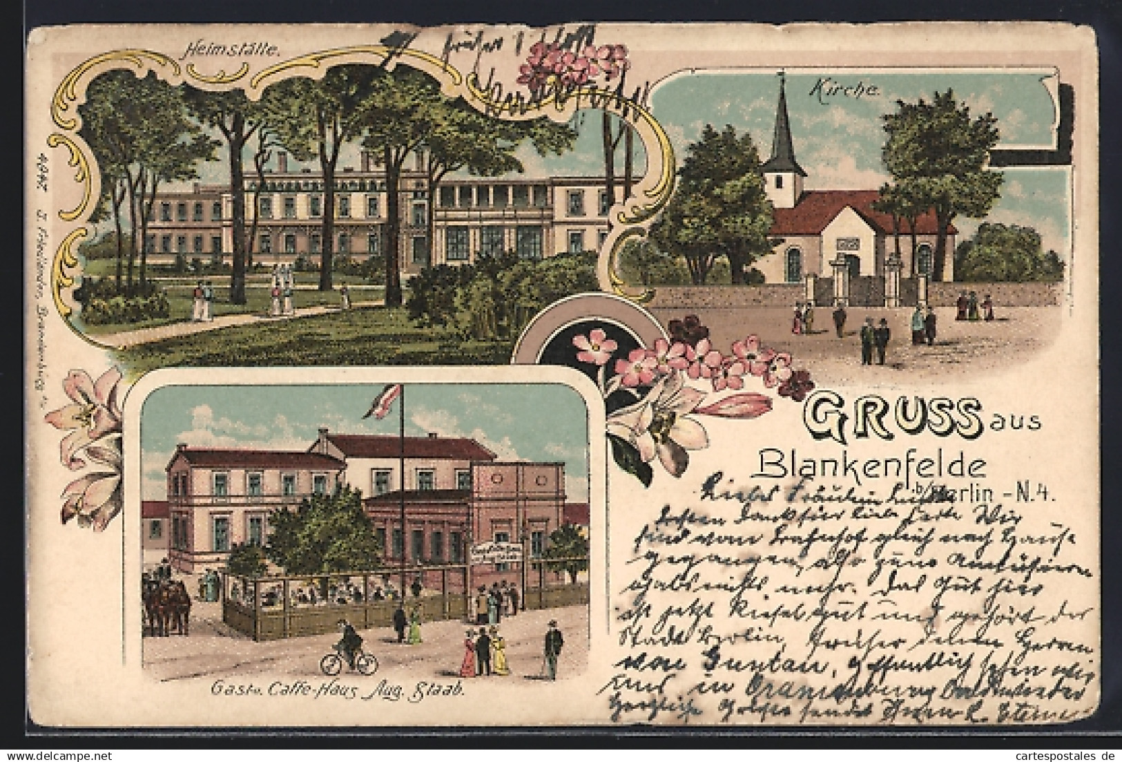 Lithographie Blankenfelde b. Berlin, Gast- und Cafe-Haus August Staab, Heimstätte, Kirche